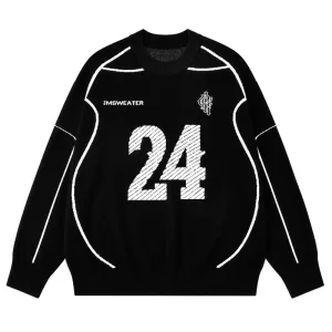 Men’s Winter Casual Cotton Pullover Crew Neck Knitwear Jacquard Letter Knitted Sweater