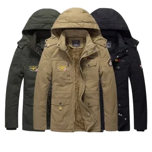 Men’s Winter Casual Hooded Fleece Lined Stand Collar Workwear Canvas Jacket Zipper Front Polyester Cotton Thickened