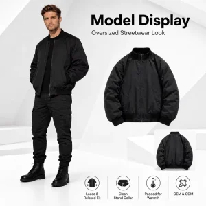 Men’s Winter Coat Vintage Zipper Stand Collar Bomber Jacket Spandex Cotton Knit Windproof Warm Winter Bottom Coat Retro Style
