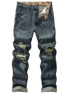 Men’s Winter Embroidered High Waist Vintage Washed Distressed Straight Leg Jeans Ripped Denim Pants for Casual Street Daily Wear