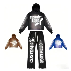 Men’s Winter High Quality Custom Tracksuit 100% Cotton Fleece Loose Fit Star Graphic Streetwear Hoodie Sweatpants Set