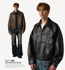 Men’s Winter Lapel Blazer Zipper Cropped Down Coat PU Leather Plus Size Waterproof Windproof Breathable Solid Color