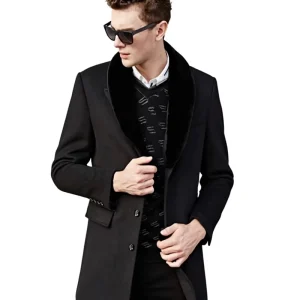 Men’s Winter Long Overcoat Slim Fit Black Woolen Waterproof Plus Size Coat with Fur Collar