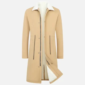 Men’s Winter Mid-Length Coat Stand All-Match Casual Cardigan Jacket Fleece Lining Solid Color Zipper Thickened Top Long Length