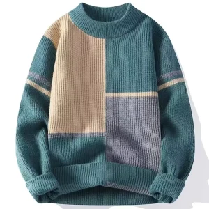 Men’s Winter Patchwork Color Blocking Polyester Front Logo Pullover Sweater Loose Casual Fit Thermal Knitwear