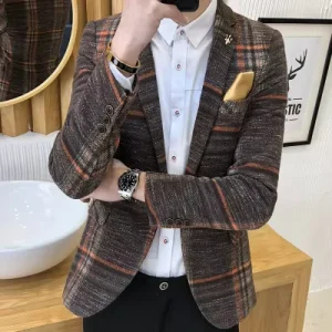 Men’s Winter Plush Warm Checked Suit Jacket Slim Korean Style