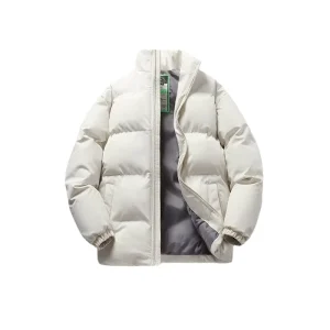 Men’s Winter Quilted Jacket Thick Down Cotton Coat with Stand Collar Long Fleece Casual Style Plain Dyed