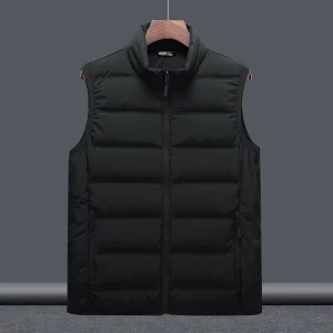 Men’s Winter Solid Color Mandarin Collar Casual Sleeveless Anti Pilling Polyester Filled Logo Front Warm Vest