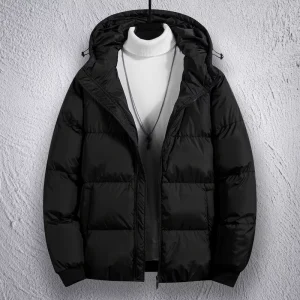 Men’s Winter Sports Thick Jacket Fashionable Casual Hooded Cotton Coat Solid Color Cold Resistant Coat