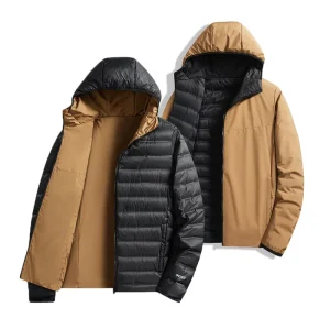 Men’s Winter Thicken Puffer Jacket Solid Color Waterproof Double Face Lightweight with Zipper Closure