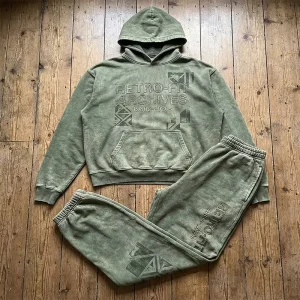 Men’s Winter Tracksuit 100% Cotton Terry Vintage Acid Wash Distressed Embroidered Applique Patch Hoodie Set