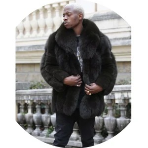Men’s Winter Warm Big Collar Black Color Custom Real Fox Fur Coat