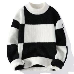 Men’s Winter Warm Casual Thickened Knitwear Pullover Breathable Anti Wrinkle Sweater Contrasting Colors Knitted Weave