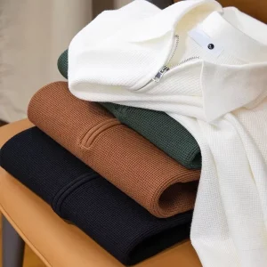 Men’s Winter Warm Knitted Waffle Half-zipped Polo Shirt Long-sleeved Lapel Sweater
