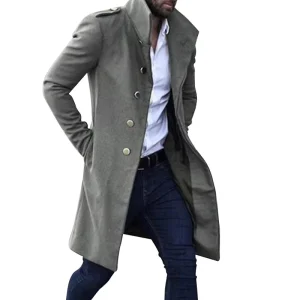 Men’s Winter Warm Woolen Trench Coat Solid Long Jacket Single Breasted Business Overcoat