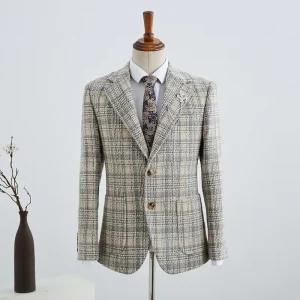 Men’s Winter Woolen Woven Digital Printed Plaid Retro Casual Fit Breathable 220g Blazers Single Double Breasted