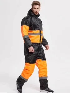 Men’s Winter Work Uniform Conjoined Cotton Padded Jacket Coat Hood Waterproof Crew Warm Labor Protection Cold Proof HUAMEI