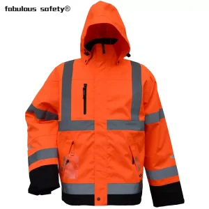 Men’s Winter Workwear Style Waterproof Breathable Woven Polyester Blend Hooded High Visibility Construction Work Jacket