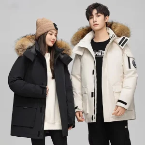 Men’s Women’s Waterproof Knitted Worsted Fabric Zipper Hooded Long Down Jacket with 90% Down for Winter