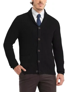 Men’s Wool Blend Cardigan Sweater Shawl Collar Single Breasted Closure Knitwear with Pockets and Pattern Decoration for Winter