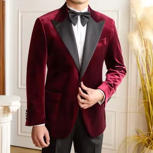 Men’s Wool Blend Suit Burgundy Velvet Tuxedo Blazer Satin Peak Lapel Formal Attire Custom Fit For Luxury Wedding