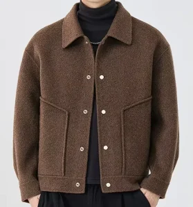 Men’s Wool Closure Fleece Jacket Sustainable Stand Jacket Collar Winter Casual Coat Plain Dyed Patchwork Jacket