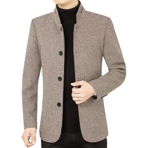 Men’s Wool Coat Spring and Autumn Solid Color Fashion Simple Wool Jacket Middle aged Men Stand Collar Business Casual Coat