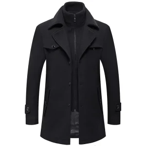 Men’s Woolen Overcoat Coat Double Collar Casual Windproof Autumn and Winter