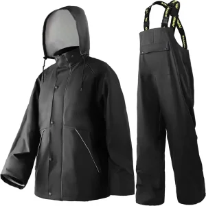 Men’s Workwear 3-Piece Waterproof Rayon Rain Suit Heavy Duty Jacket & Bib Pants Set Industrial Safety Construction