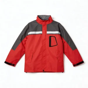 Men’s Workwear Style Reflective Jacket Red Gray Contrast Stand Collar Waterproof Breathable Patchwork Bomber Coat