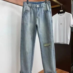 Men’s Y2K Vintage Stonewashed Straight Jeans with Embroidered Fleur de lis Floral Pattern Mid Rise 100% Cotton Denim