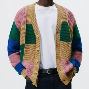 Men’s Youth Knitwear Fashion Knitted Jacket Color Blocking Winter Casual Men Sweater Cardigan