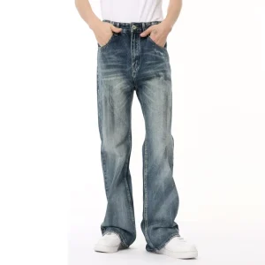Menswear American style Vintage Distressed Tonal Wash Paint Splatter Boot Cut Mid Waist Summer Denim Mens Jeans