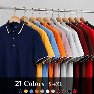 Modern Fit Cooling Men’s Polo Shirt Ice Silk Wrinkle Free Short Sleeve Polyester Two Tone Polo Shirt Fashion Casual Lapel Tees