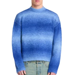 Mohair Sweater Long Sleeve Crew Neck Pullover Stripe Knitwear Winter Fuzzy Casual Jumper Men