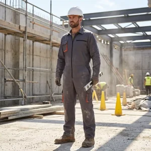 Multi Pocket Industrial Boiler Suit Heavy Duty Construction Workwear Men’s Safety Coverall with Orange Accents