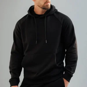 Muscle Fit Pullover Hooded Sweatshirt Men Polyester Knitted Fabric Drawstring Pocket Fitness Hoodie