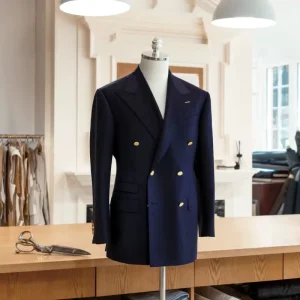 Navy Blue Men’s Business Suit Breathable Double Breasted Wool Slim Fit Blazer with High End Custom Bespoke Two Piece Set