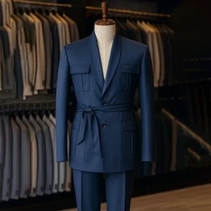Navy Blue Men’s Suits With Belt Shawl Lapel Slim Fit Single Breasted Blazer 2 Piece Jacket Pants Clothing Costume