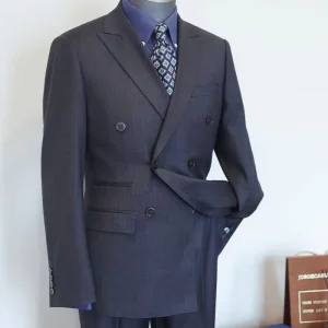 Navy Fine Stripe Polyester Men’s Suit Wide Lapel Crisp Fine Fabric Subdued Pattern Projects Aura For Formal Business Settings
