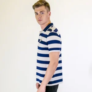 Navy and White Strip Collar Short Sleeves Polo Tshirt for Golf Player 100% Cotton Men’s Polo T-shirts