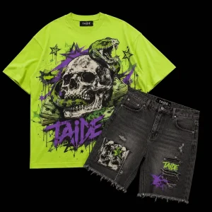 Neon Graphic Tee Denim Shorts Set 480GSM Skull Snake Gothic Print Custom Logo OEM ODM Men