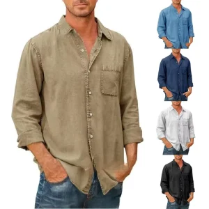 New Arrival Spring Solid Color Washed Shirts Pocket Single Breasted Shirt Men’s Long Sleeve Shirt Tops