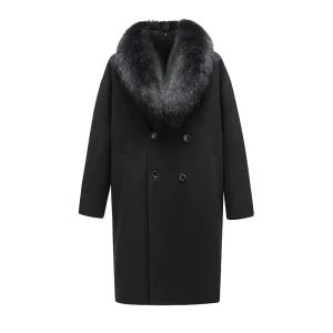 New Coming Men Wool Coat High Quality Cashmere Long Fox Fur Collar Trench Coat