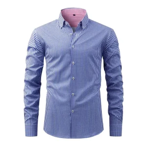 New Four-sided Elastic Fashion Plaid Long-sleeved Lapel Shirt Casual All-matching Men’s Shirt