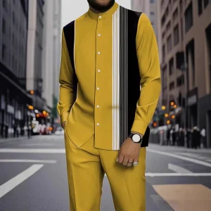 New JKM High Quality Men’s Casual Autumn Street Style T Shirt Pants Set Long Sleeved Striped Fiber Outdoor Sports Retro