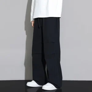 New Korean Style Spring Autumn Large Size Mid Zipper Fly Trendy Loose Fit Plain Dyed Flat Sports Pants Men’s Casual Cargo Pants