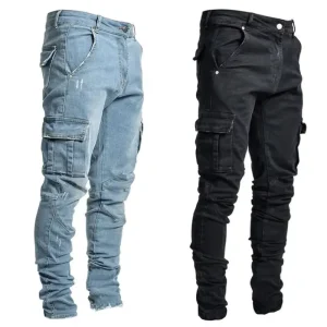 New Men Denim Side Pocket Outdoor Jeans Zipper Pencil Long Pants Men’s Clothes Casual Trousers Casual Jeans