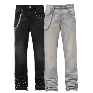 New Retro Pearls Stacked Men’s Jeans Casual Straight Leg Stretchy Denim Bottoms Male’s New Fashion Jeans