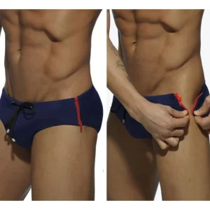 New Sexy Swim Trunks Two Side Zipper up Men’s Swimwear Mens Triangle Swim Trunks Patchwork Swim Brief Man Sexy Bikini Briefs